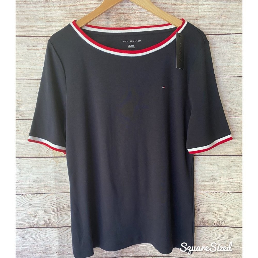 NWT Tommy Hilfiger Ringer Tee Blue Red White Logo T-Shirt 100% Cotton Preppy Y2K